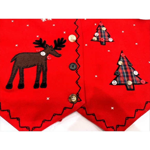 Talbots Christmas Women's Red Wool Buttons Applique Vest Size M Tartan Plaid - Picture 2 of 8